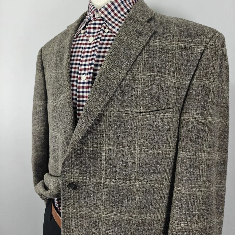 JOS A BANK‎ Reserve Men's Sport Coat  Brown Plaid Wool Silk Linen E.THOMAS 46R
